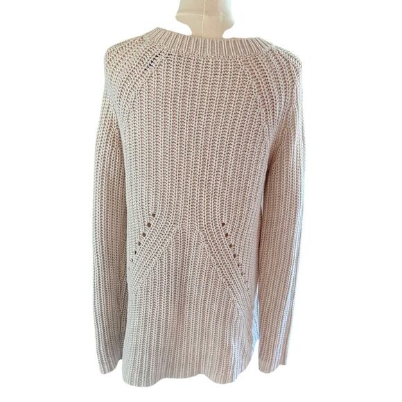 Beige Knit Sweater Medium Women Ribbed Cotton Pullover Minimalist Cozy Chic - Picture 2 of 7